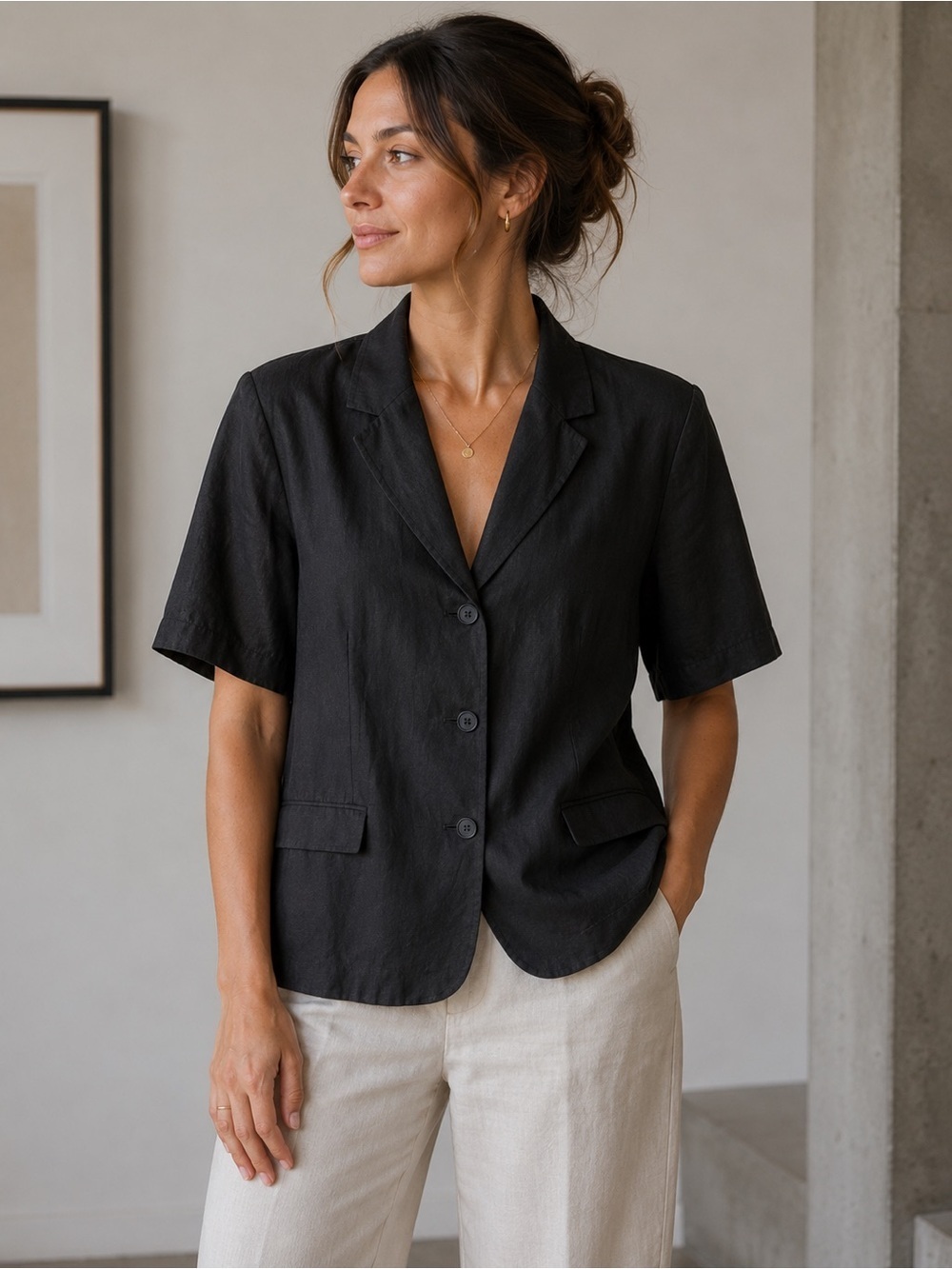 Source Unknown Vintage Linen Blend Black Short Sleeve Blazer Size L Minimalist